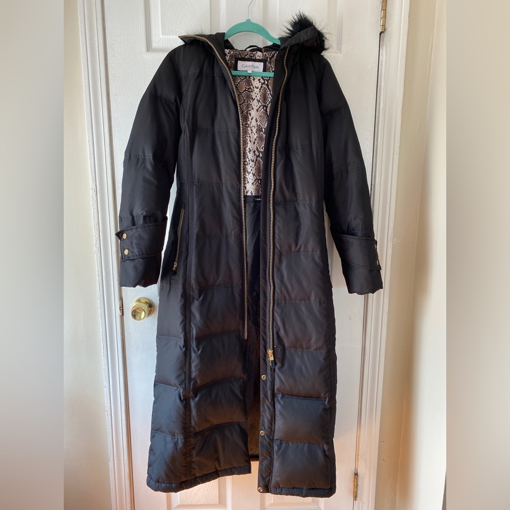 Calvin Klein Womens Jacket Small Black: Duck Down Parka Faux Fur Lined Hood